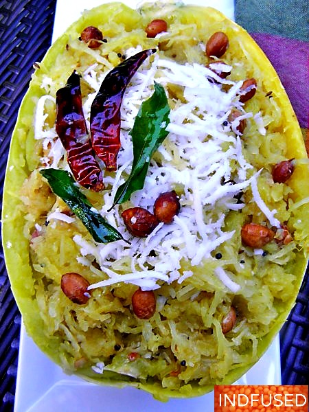 Indian fusion recipe, vegan vegatarian using Trader Joes spaghetti squash