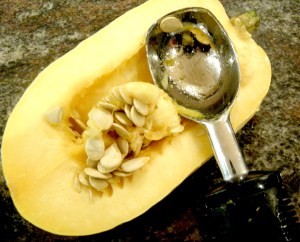 I used my Oxo ice scream scoop to scoop out the seeds. Made it super easy!