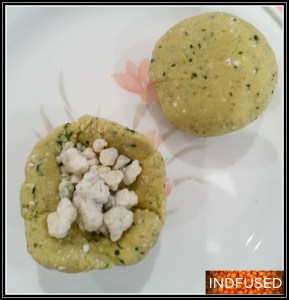 Paratha dough stuffed with blue cheese crumbles