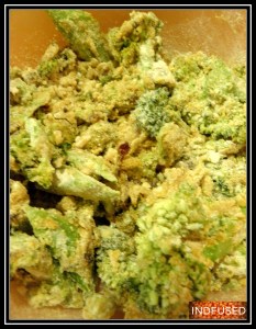 Besan and ladoo besan added to the crunchy cooked broccoli