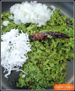 The finely diced onion and the grated coconut to be tossed with the green bean mixture just before serving