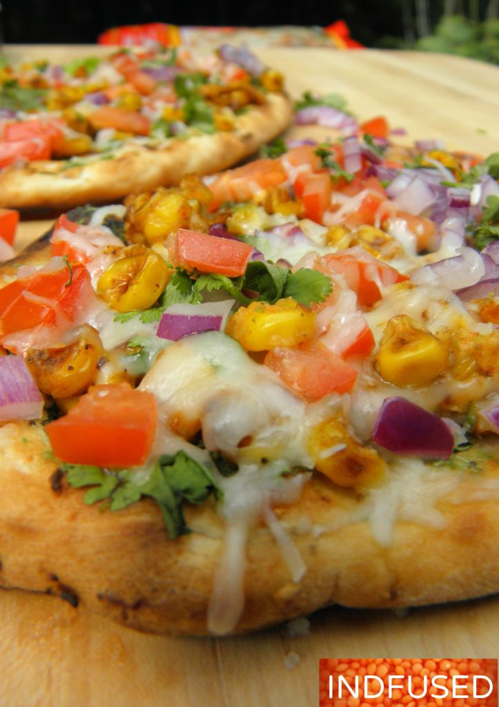 #Indiancuisine #Indian #fusion #Grilled #Naan #Pizza with #Chutney #sauce, ,#cheese and#summerbounty #toppings of #corn, tomatoes, onion and#cilantro