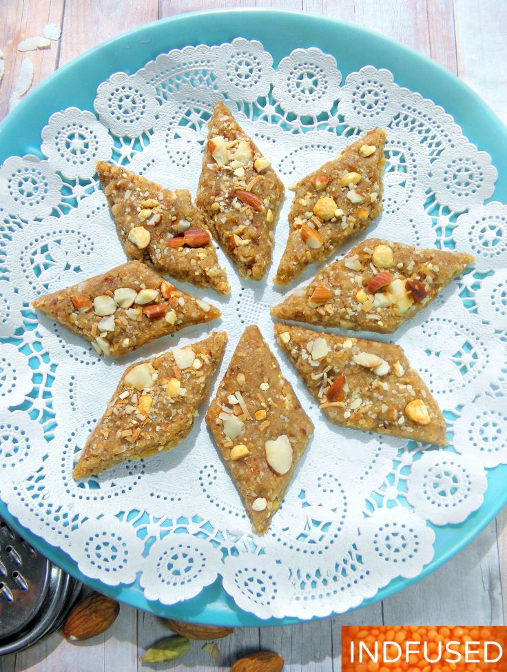 #Easy, #no syrup making #skills required, #Indian #dessert #recipe with #almonds, #coconut,#iron rich #jaggery and #pohe, #cardamom and#nutmeg, a #festival #special. A #glutenfree #snack with #vegan option in #recipe