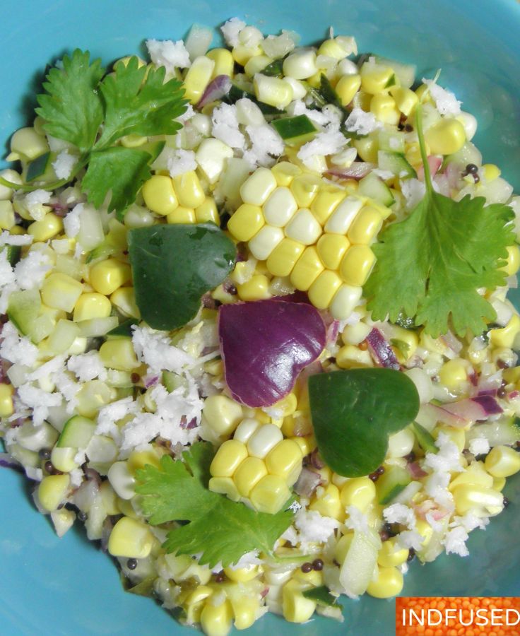 #Delicious, #raw corn, #cucumber, #coconut #Indiancuisine #salad with #vegan option. #quick and #easy #recipe