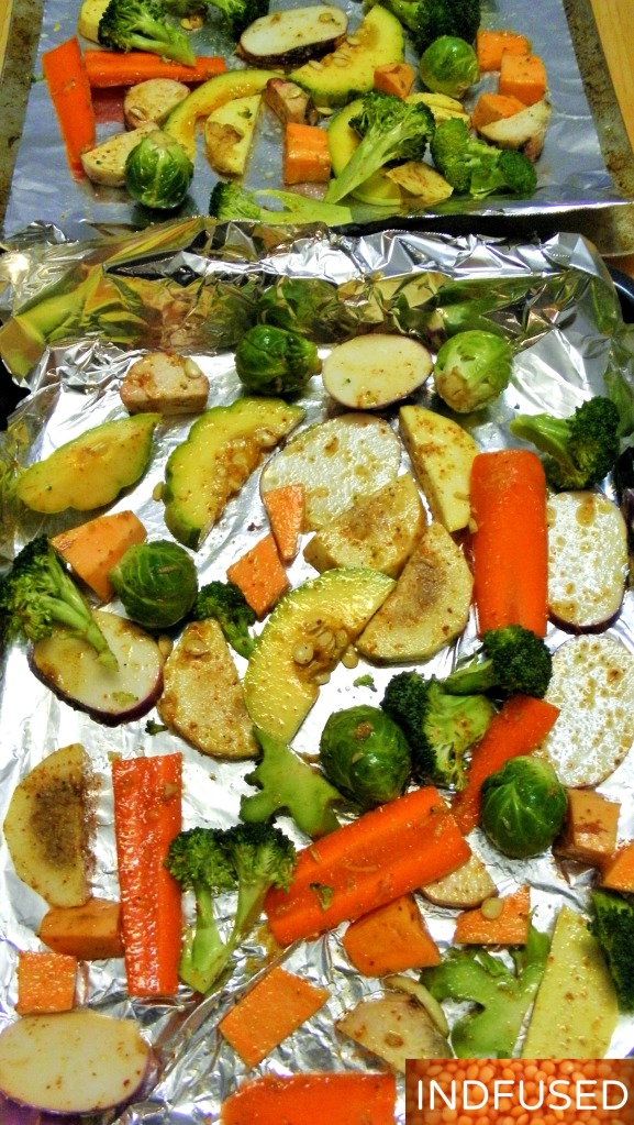 #Oven #roasted #vegetables and #root vegetables#spiced with #Indian #spices like coriander seed powder and #garam masala.#easy #recipe