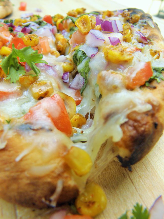 #Indiancuisine #Grilled #Naan #Pizza with #Chutney #sauce, ,#cheese and#summerbounty #toppings of #corn, tomatoes, onion and#cilantro