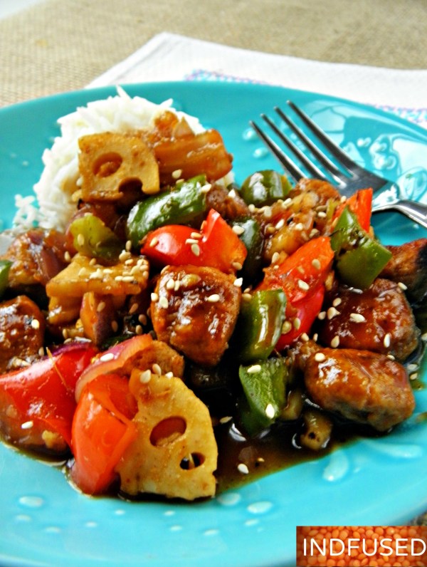 Popular # Indo Chinese,#recipe #vegetarian, soy nuggets and vegetables in a quick and easy spicy orange sauce