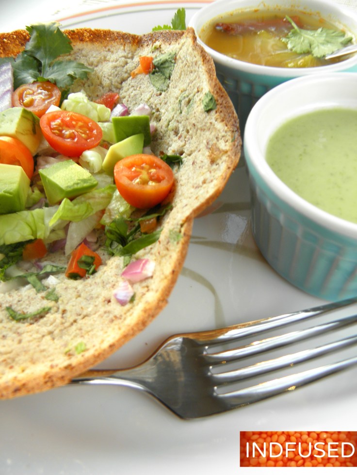 Protein packed, healthy Aapam Salad bowl made with quinoa and dals. Easy, make ahead recipe. With delectable, low fat , healthy Avocado Greek yogurt dressing.