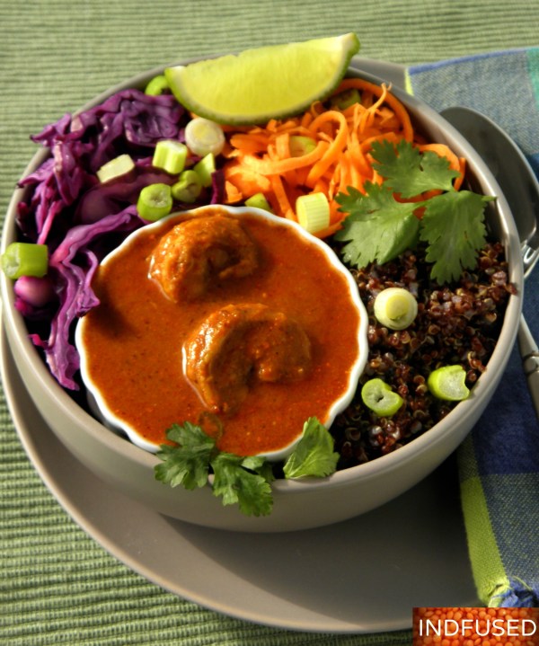 Quinoa bowl with spicy Indian shrimp curry and cool pickled red cabbage and carrots makes for a robust and satisfying meal that comes together easily with these easy recipes