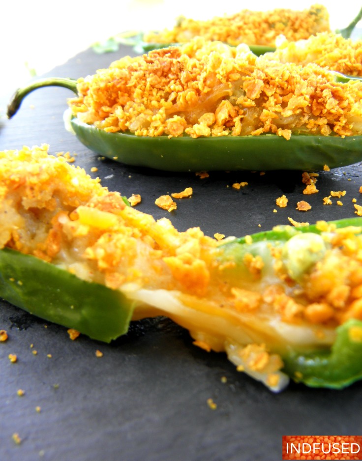 Non- fried, gluten free,stuffed jalapenos with an Indian spiced potato and pea filling that is cheesy, crunchy, spicy and yummy!