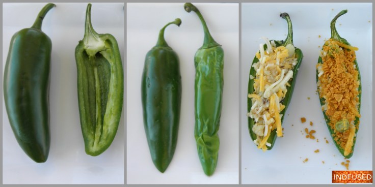 Non- fried, stuffed jalapenos with an Indian spiced potato and pea filling that is cheesy, crunchy, spicy and yummy!