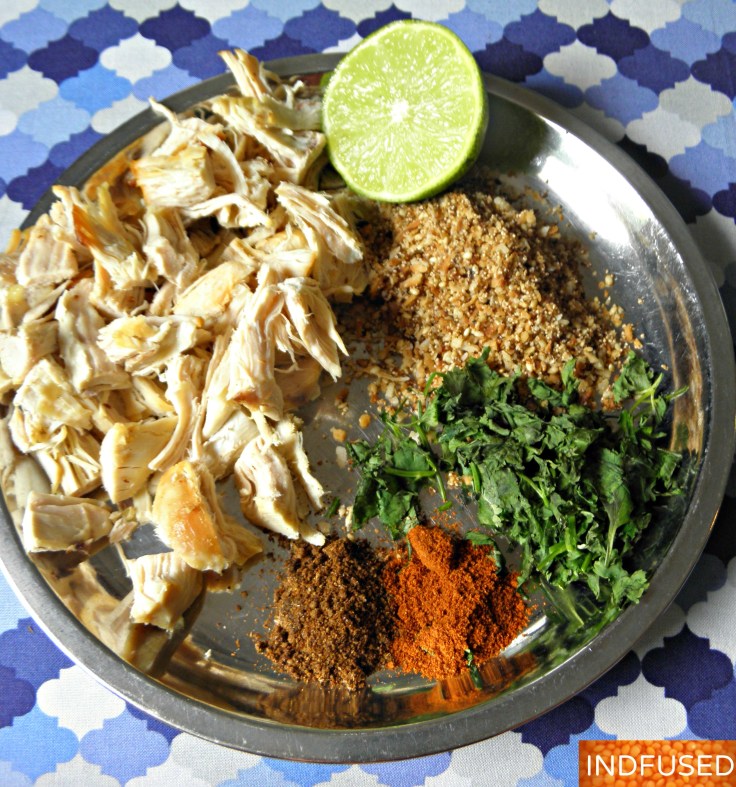 Simplified, shortcut, skinny recipe for a distinctly flavored tangy ,spicy Indian chicken entree, made using skinless boneless rotisserie chicken breast meat.