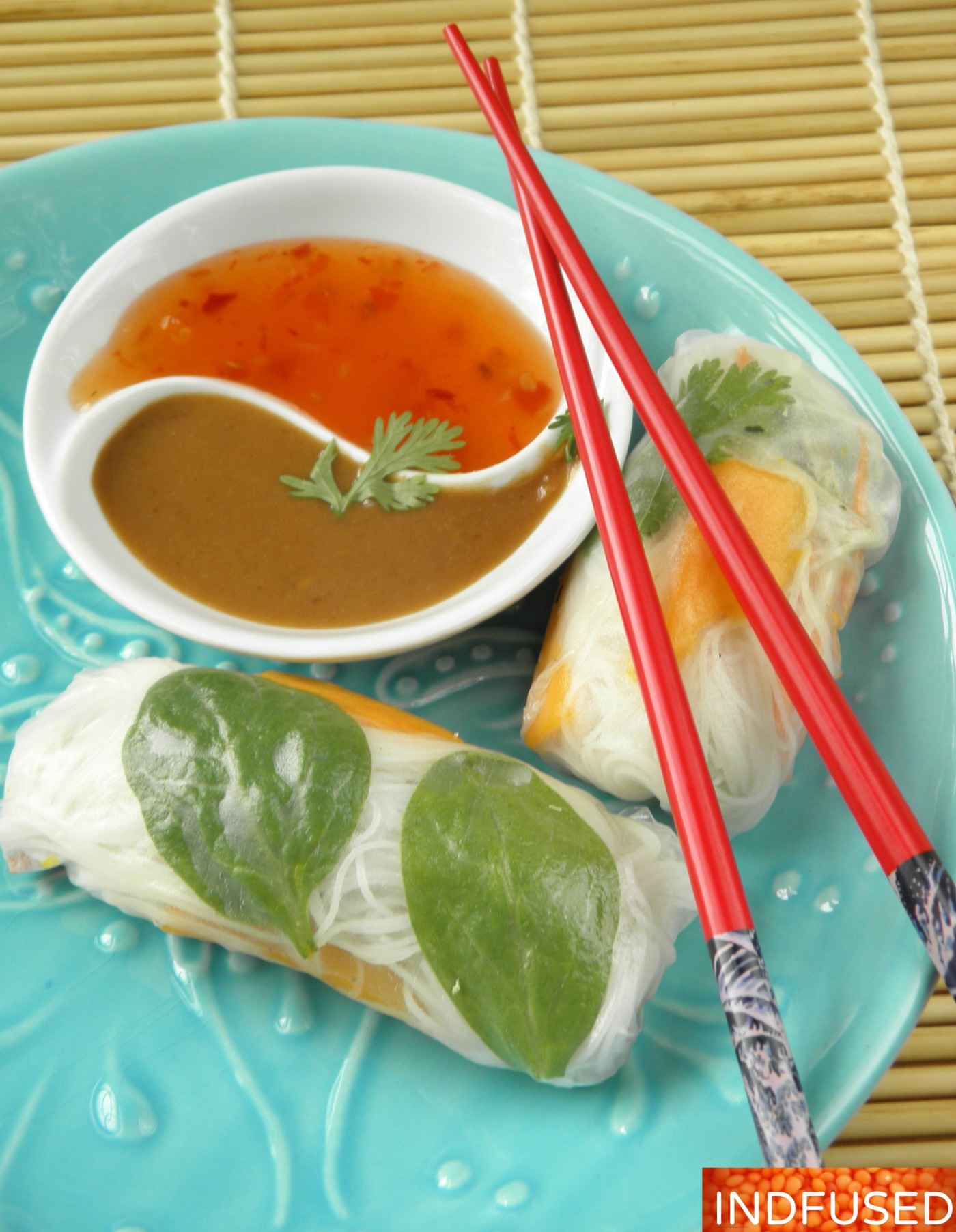 Healthy, gluten free, cool, summer rolls perfect for summer parties. These rolls and the delectable peanutty dipping sauce are packed with fusion flavors.