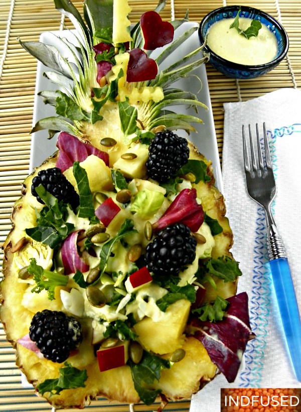 Healthy recipe using #Dole ready to eat salad mixes and #Dole pineapple. Home made dressing with #ayurvedic spice benefits