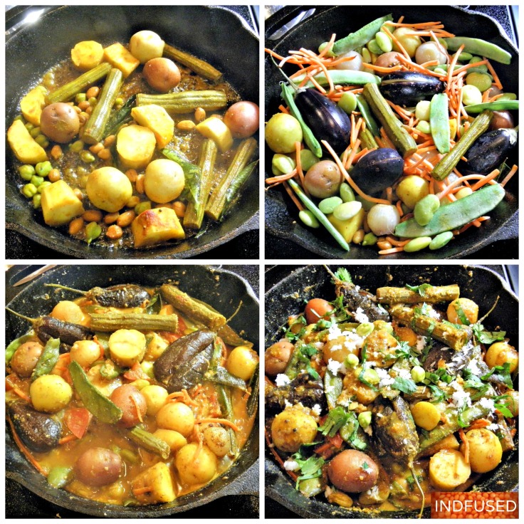 Winter harvest vegetables in a hearty, vegan, gluten free, vegetarian stew/bhaji with peanuts and sesame seeds. Easy #Indian heirloom #Sankranti #festival #recipe