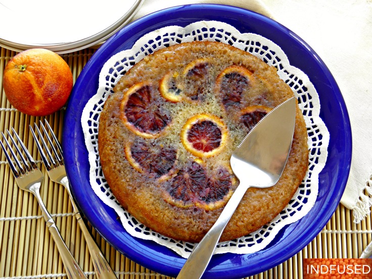 Indian fusion recipe for Eggless, Gluten Free Blood Orange Cake that is low fat and with a vegan option too.