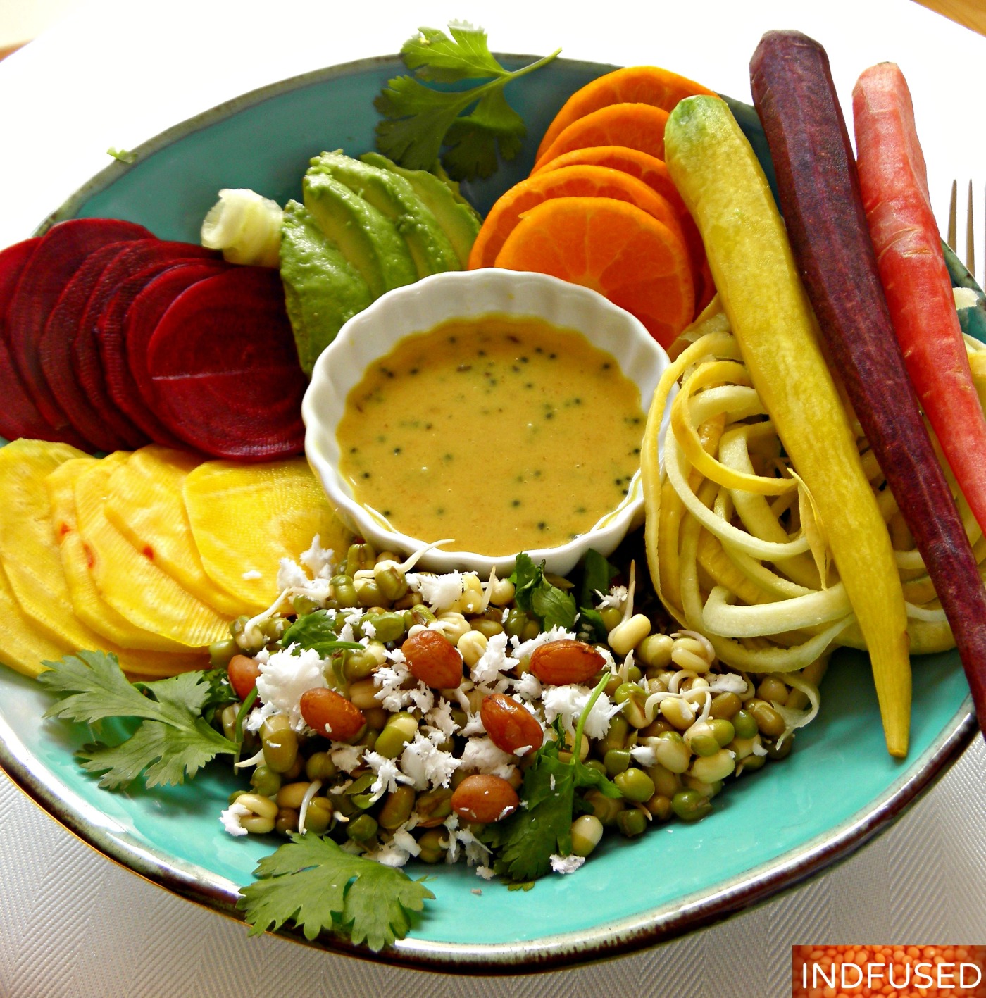 Mung Bean salad with veggies and fruit of the season and a nummy dressing! Indian fusion recipe for a healthy happy summer.