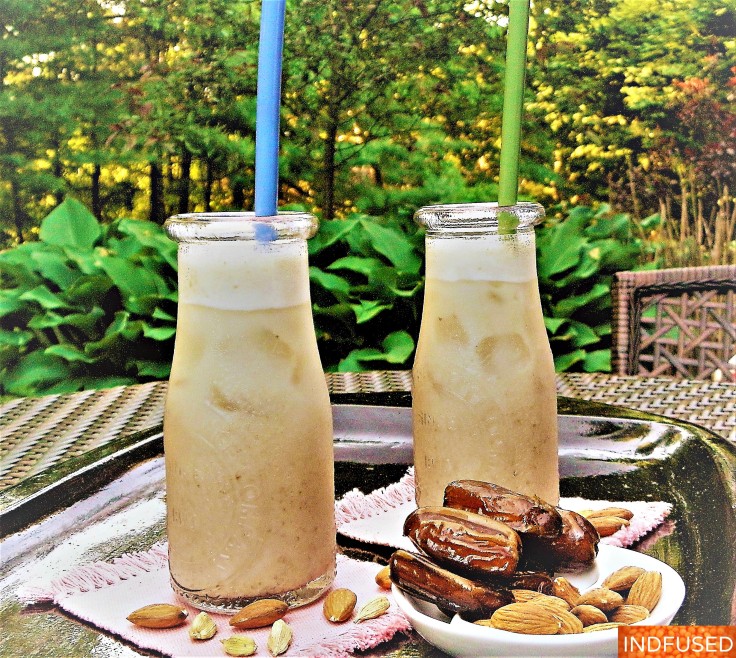 Father's Day easy recipe, nutritious, vegan, delectable milkshake made with almond milk, dates and cardamom with no added sugar!