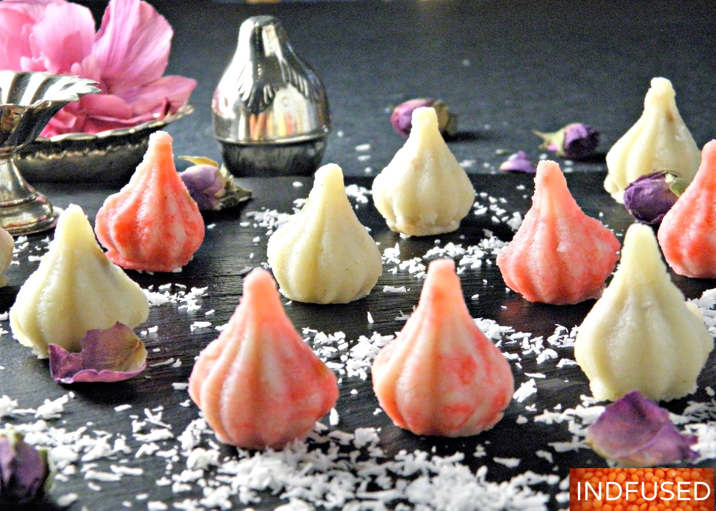 5 ingredients easy Indian dessert modak recipe with gulkand centers and rose scented coconut covers
