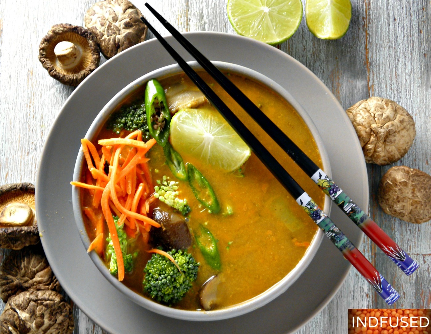 Indian fusion recipe for Thai flavored soup using protein rich dal, dried shitake mushrooms and broccoli. Easy to make, filling and delectable soup