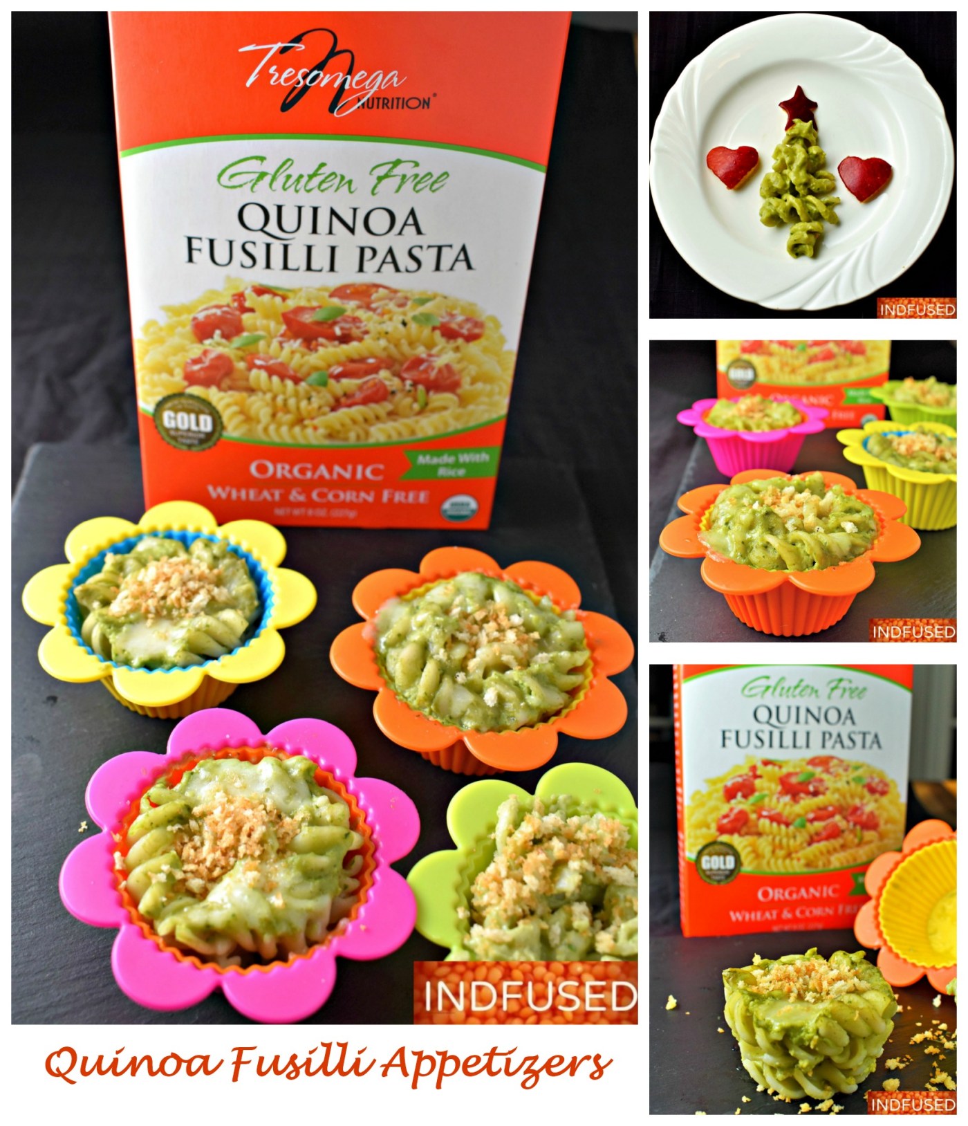Quinoa Fusilli Appetizers - vegetarian, gluten free Christmas trees or 8 servings of baked fusilli cups