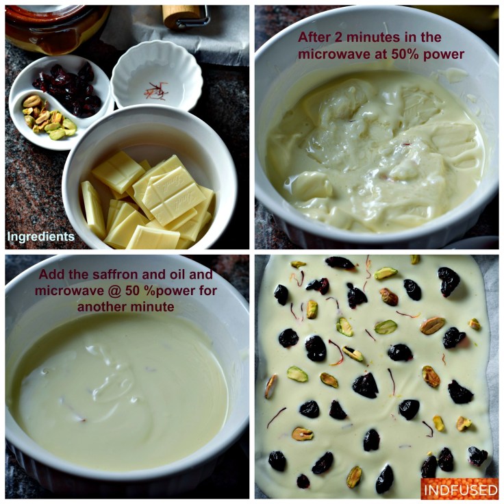 Easy step by step pictorial for Kesar Pista White Chocolate Bark- 3 minute microwave recipe.