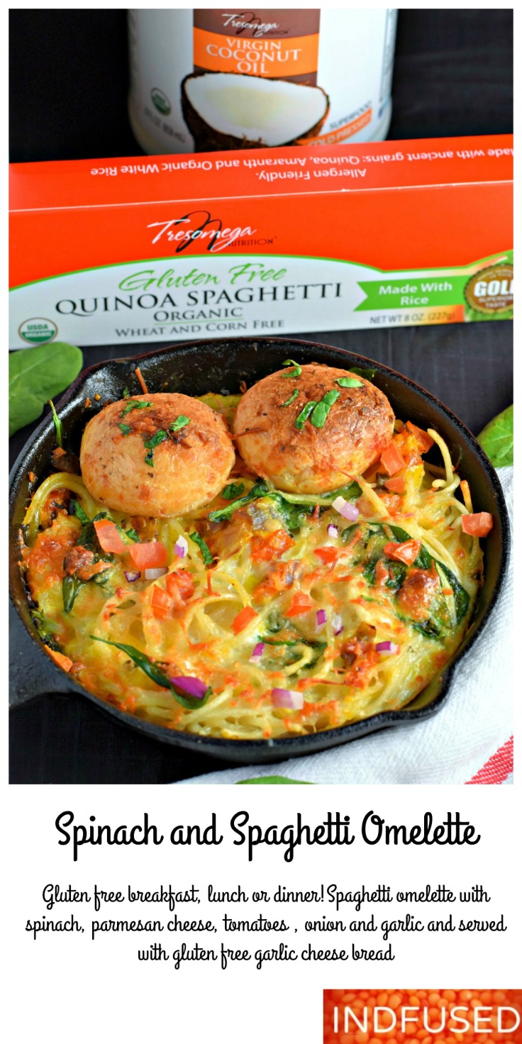 Spinach and Spaghetti Omelette baked with Parmesan cheese, coconut oil and turmeric is a nourishing meal.