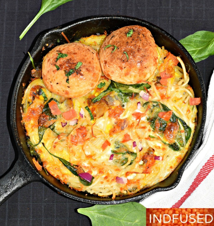 Spinach and Spaghetti Omelette baked with Parmesan cheese, coconut oil and turmeric is a nourishing meal.
