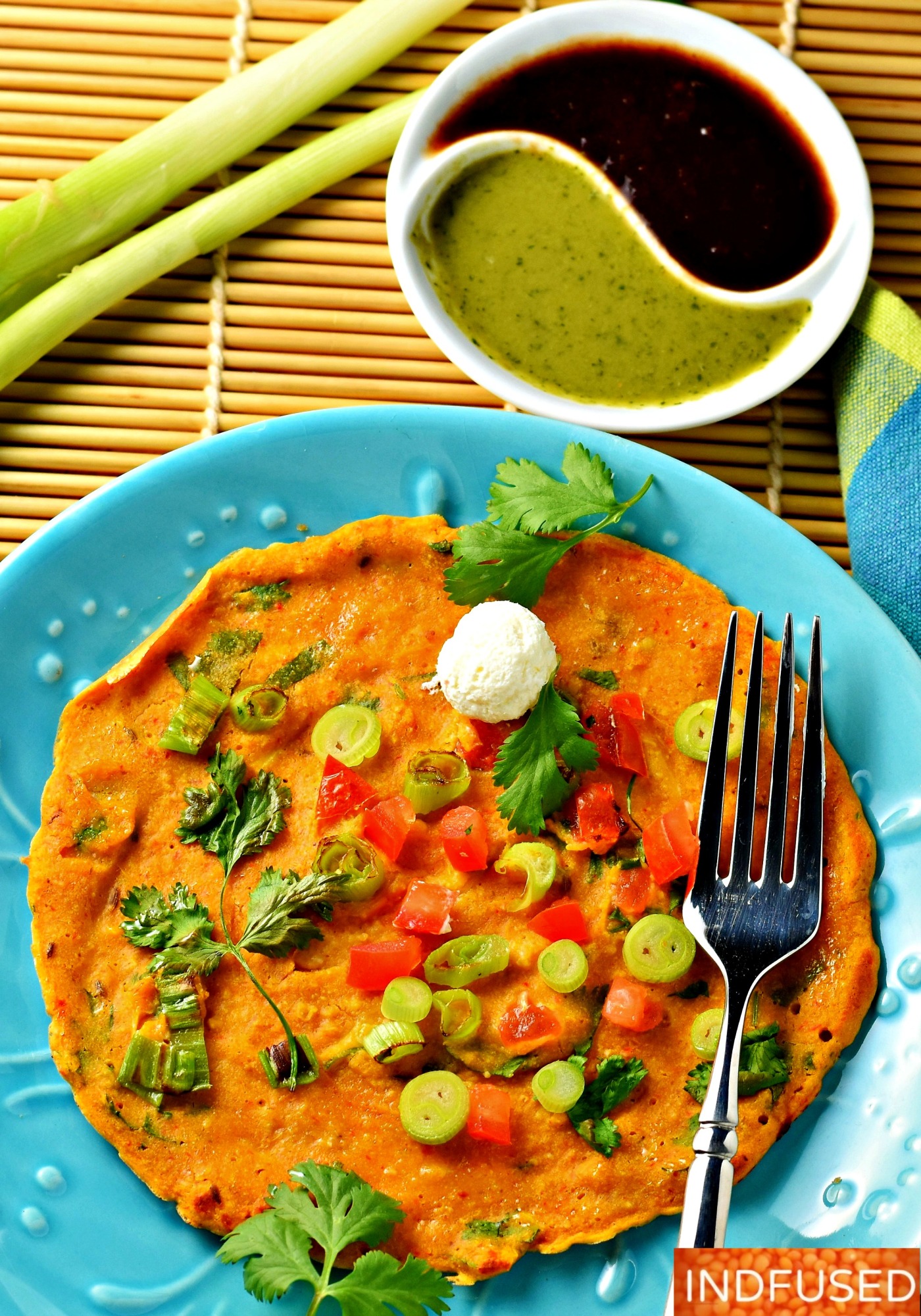 Tomato Omlette with Oats and Scallions- gluten free savory, protein rich pancake, Indian fusion recipe, makes 8 pancakes. Easy vegetarian weekday meal!