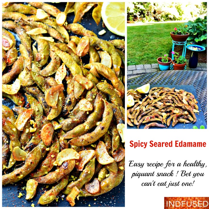 Spicy Seared Edamame -Quick and easy, figure friendly snack that is super scrumptious!