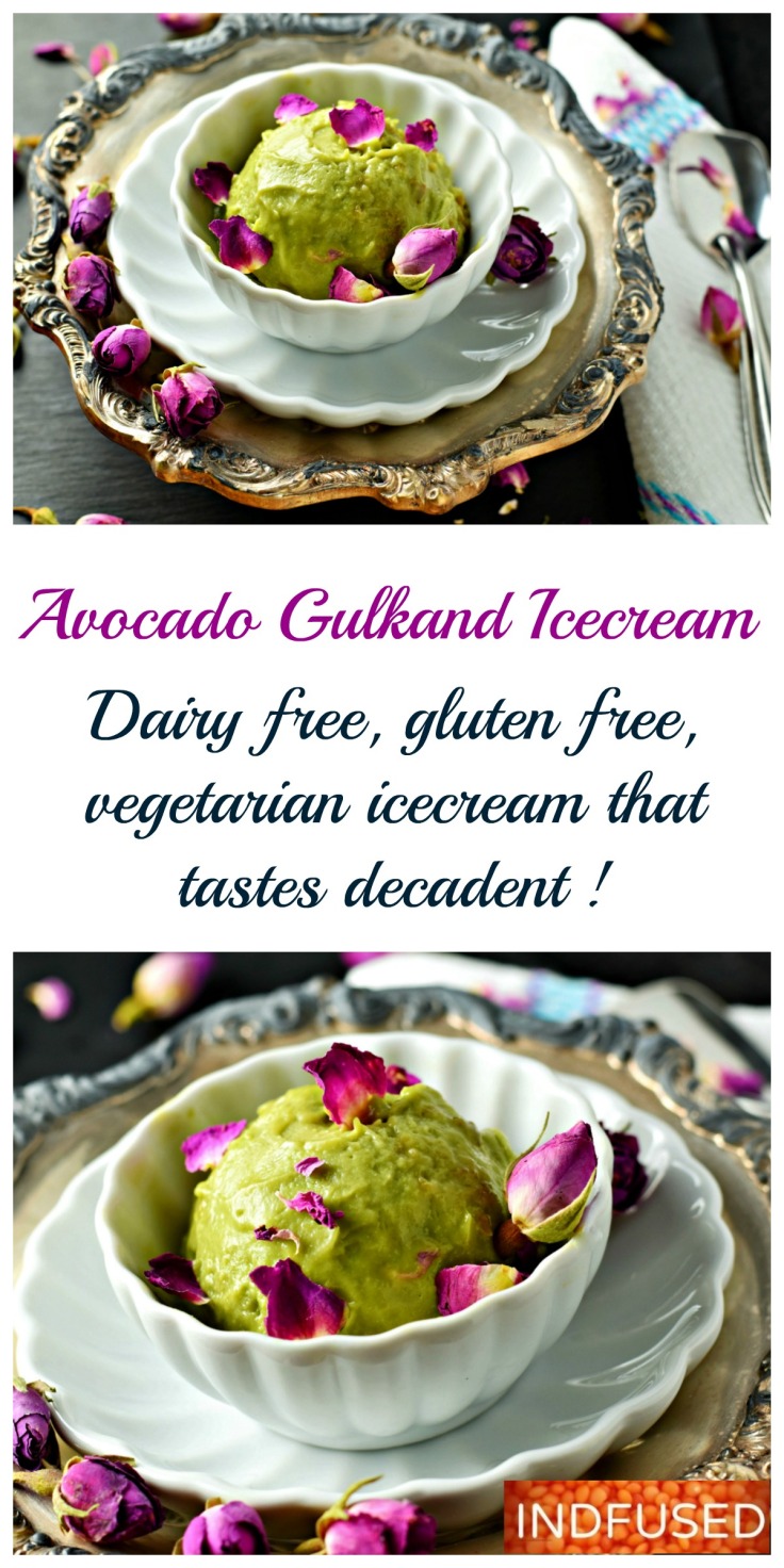 Avocado Gulkand Ice Cream- 3 healthy main ingredients, easy recipe for an Indian fusion dessert, perfect for summer. Dairy free, gluten free, egg-less ice cream with coconut milk and honey. Serves 2. Guilt free dessert.