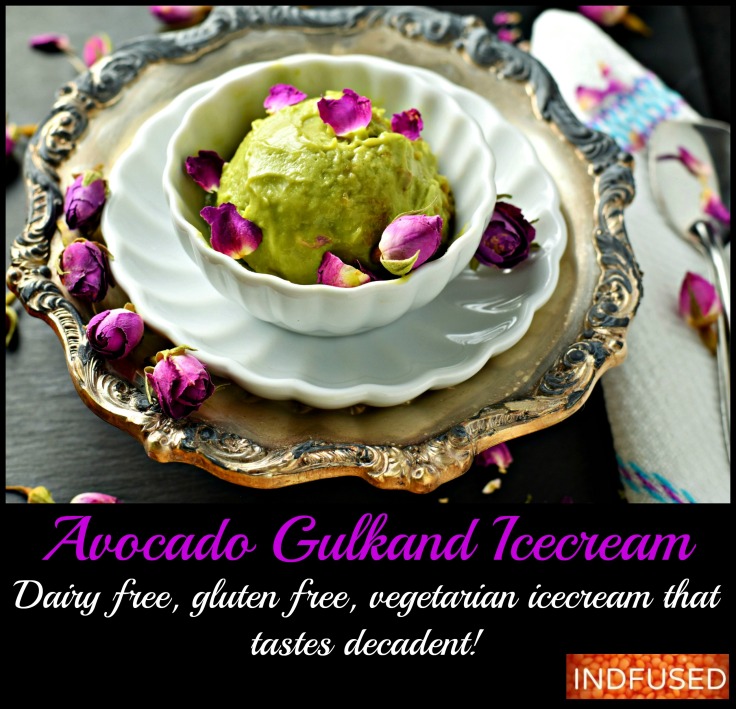 Avocado Gulkand Ice Cream- 3 healthy main ingredients, easy recipe for an Indian fusion dessert, perfect for summer. Dairy free, gluten free, egg-less ice cream with coconut milk and honey. Serves 2.