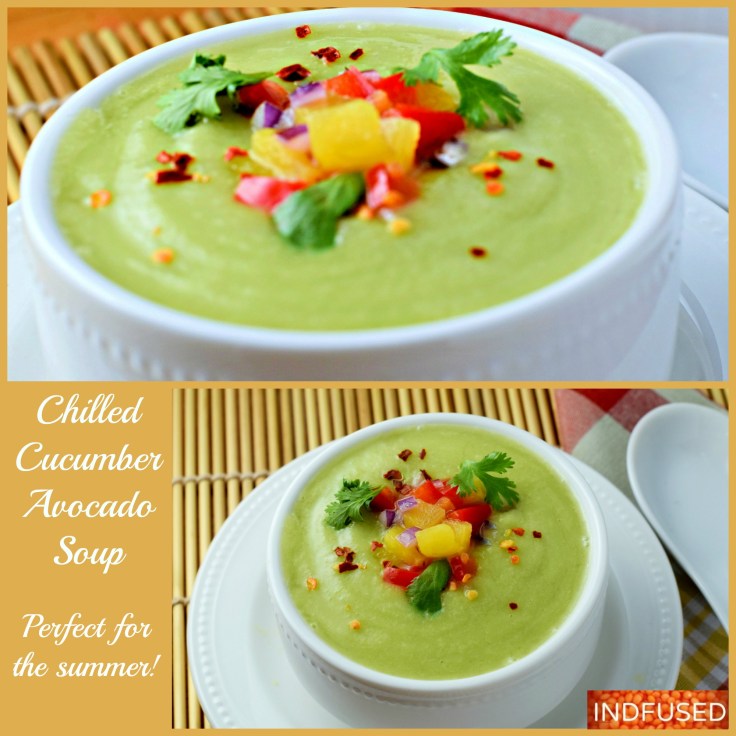 Chilled Cucumber Avocado Soup with ginger is a cooling, refreshing vegetarian, vegan and gluten free soup. perfect for the summer. Serves 2