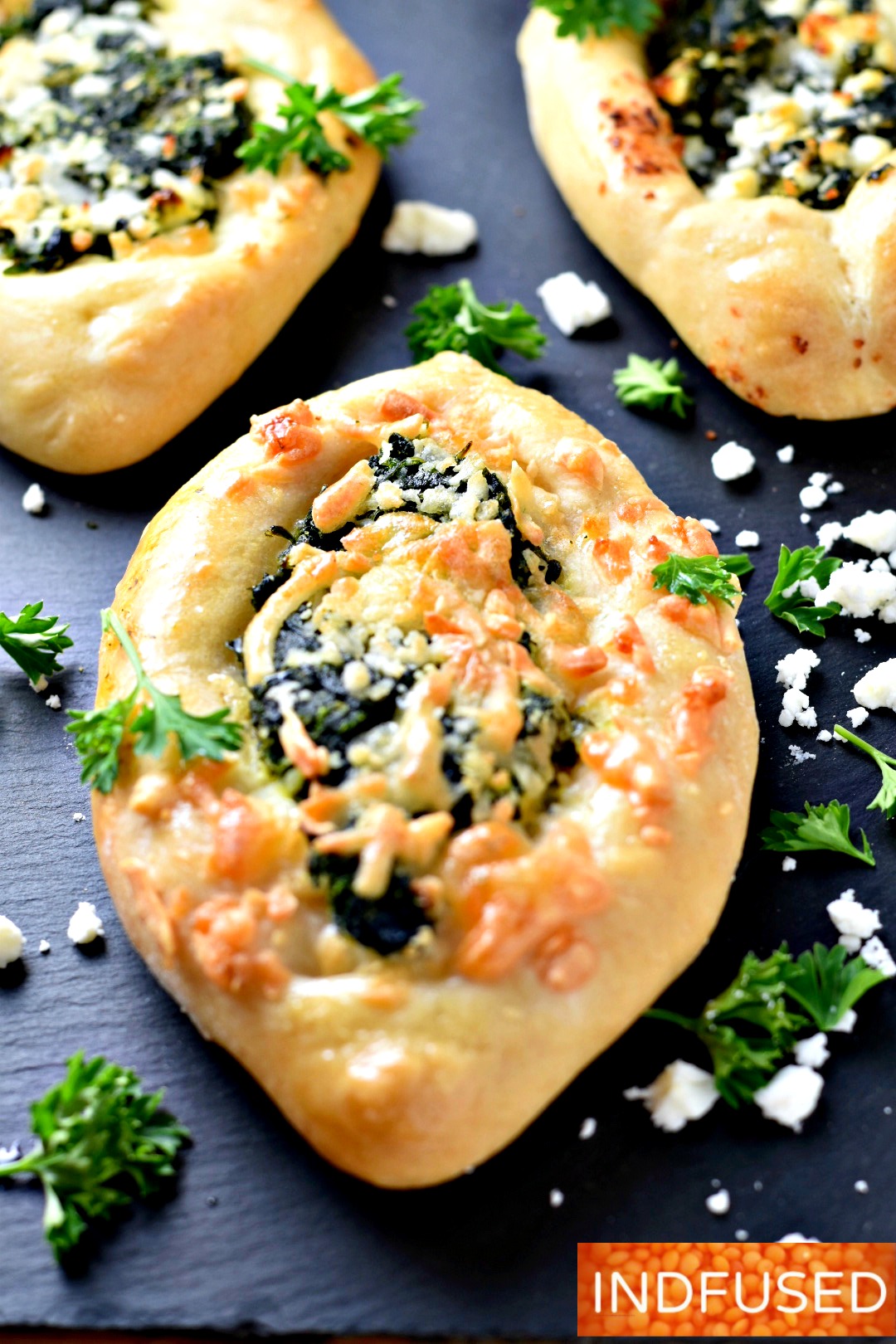 Dough that has the perfect texture and aroma and a scrumptious spinach and cheese filling, Fatayer or Pide with a Indian filling!