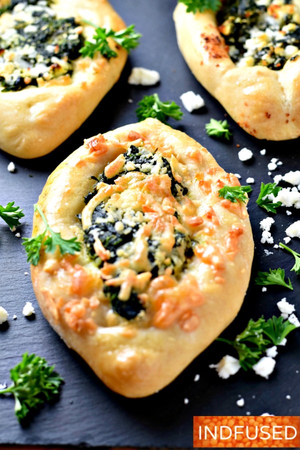 Dough that has the perfect texture and aroma and a scrumptious spinach and cheese filling, Fatayer or Pide with a Indian filling!
