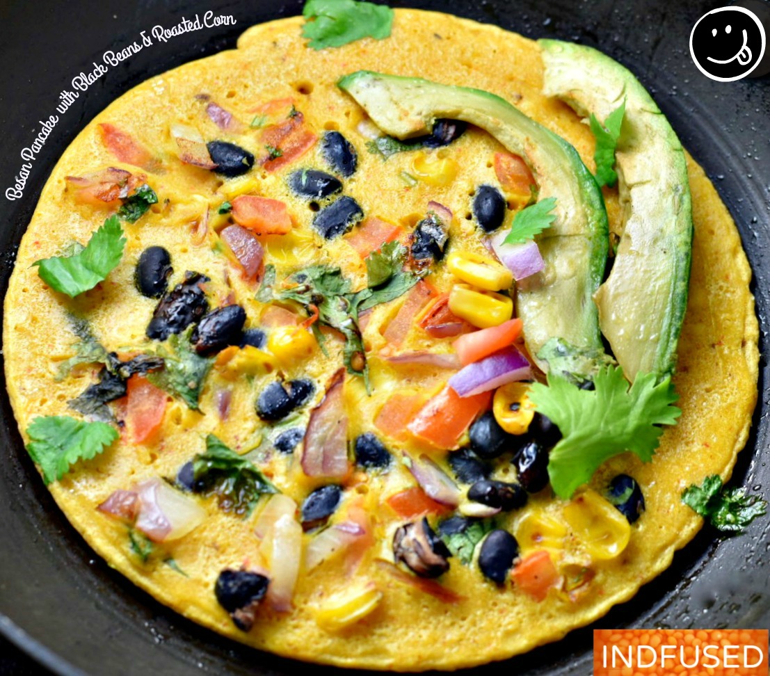 Besan Pancake with Black Beans and Roasted Corn are scrumptious, nubby, protein rich pancakes!
