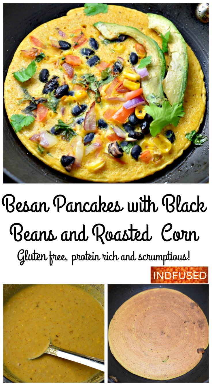 Besan Pancake with Black Beans and Roasted Corn are scrumptious, nubby, protein rich pancakes. It is an Indian fusion recipe with Mexican toppings. Healthy, delicious and quick and easy! Picture on bottom left shows the batter and the bottom right, you see the golden underside of the pancake!
