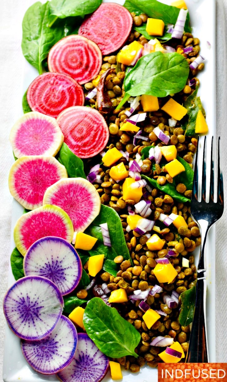 Curried Lentil Salad- Perfect for the season! With baby spinach, multi colored beets, baby spinach and mango