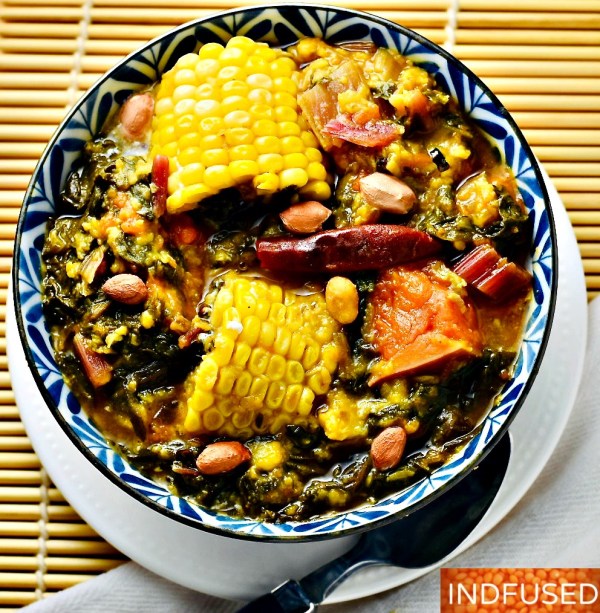 Red Swiss Chard Bhaji in Instant Pot- Delectable , lightly spiced curried Swiss chard. Corn and pumpkin complement the favors! Serves 8