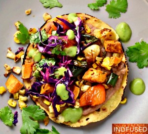 Air fryer roasted veggies for the Farmers Market Tostadas. Vegetarian, gluten free tostadas with air fryer roasted veggies, pickled red cabbage and delectable Avocado Chutney Sauce!