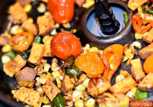 Farmers Market Tostadas. Vegetarian, gluten free tostadas with air fryer roasted veggies, pickled red cabbage and delectable Avocado Chutney Sauce!