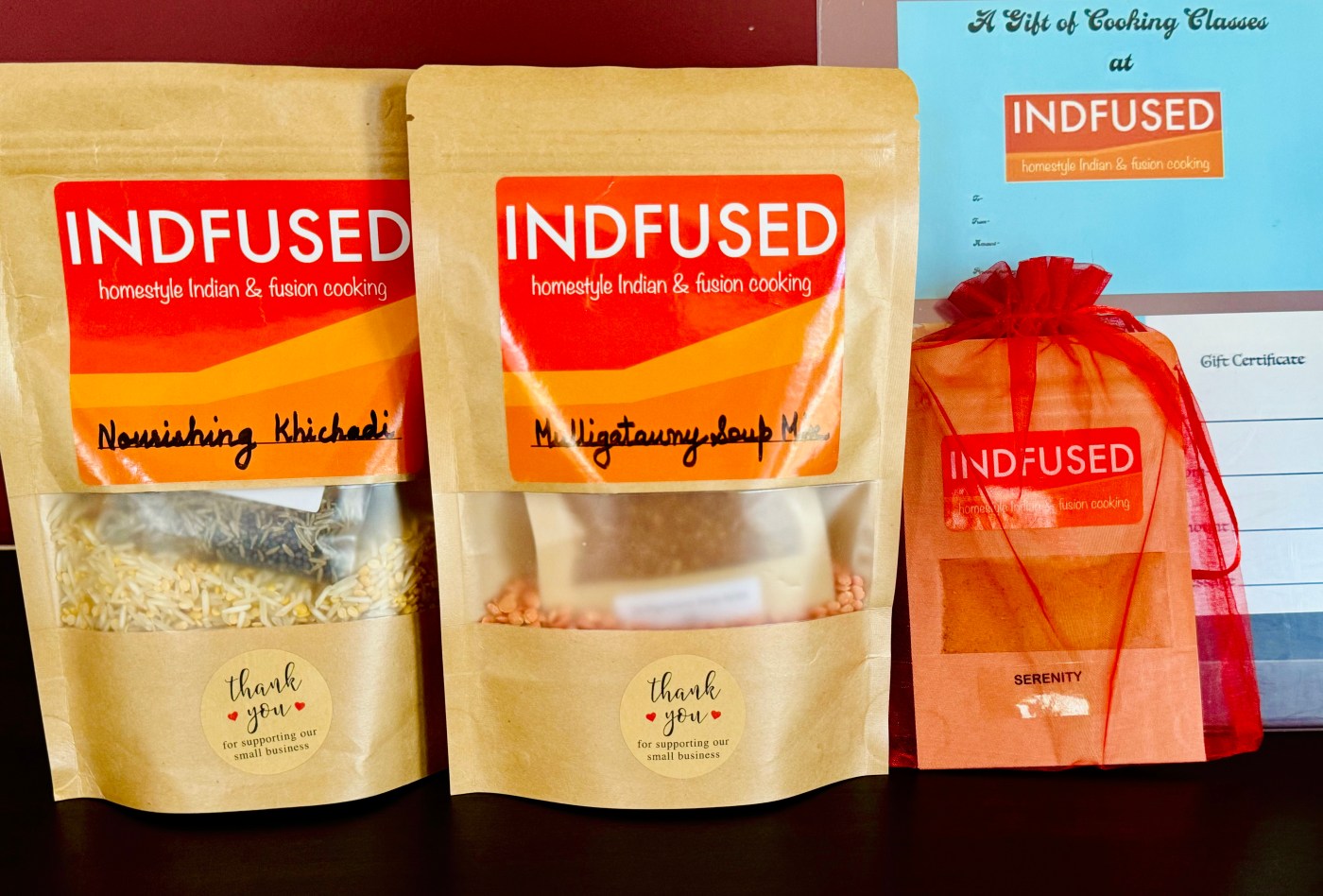 Nourishing Khichadi, Mulligatawny soup, both ready in about 20 minutes, Golden Milk in 3 curated flavors and INDFUSED Cooking class gift certificates!